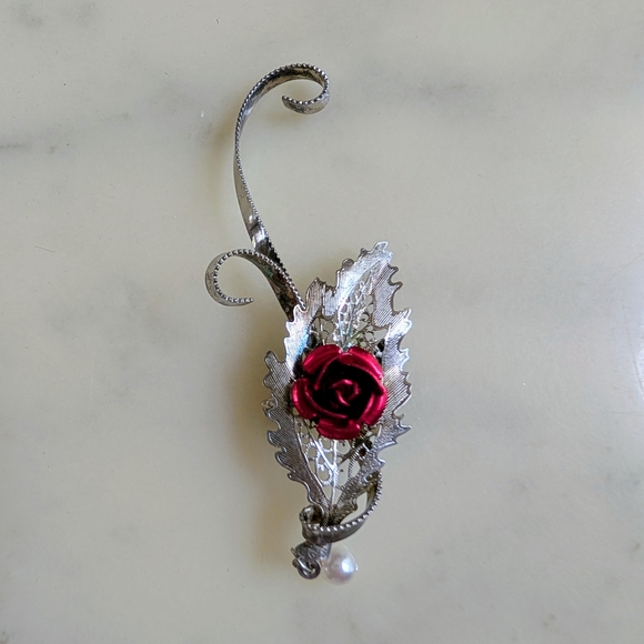 Silver Leaf Brooch with Red Rose Accent - Picture 1 of 2